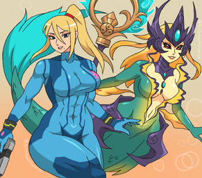 abs athletic athletic_female big_breasts black_sclera blonde_hair blue_eyes breasts crossover_ship duo female female/female glistening glistening_breasts gun hair handgun interspecies paralyzer pistol ponytail ranged_weapon red_eyes split_form staff weapon archdan league_of_legends metroid nintendo riot_games tencent nami_(lol) samus_aran aquatic human humanoid mammal merfolk vastaya crossover