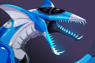 aircraft ambiguous_form ambiguous_gender blue_body ear_frill eyeless fangs frill_(anatomy) open_mouth sharp_teeth side_view simple_background solo teeth vehicle white_body swampjaws hybrid species_request