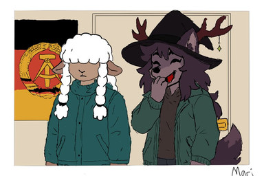anthro brown_body clothing duo female female/female front_view fur green_clothing green_jacket green_topwear hat headgear headwear jacket purple_body standing topwear white_body white_fur white_wool witch_hat wool_(fur) mariry01 fluffmabb jpegmafia cynthia_(fluffmabb) mari_(mariry01) bovid canid canine caprine mammal sheep 3:2