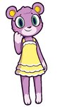 anthro biped blush brown_eyes clothed clothing countershade_fur countershading dress female freckles fur green_eyes purple_body purple_fur simple_background smile solo white_background yellow_clothing yellow_dress knaxley animal_crossing nintendo megan_(animal_crossing) bear mammal 2023 aliasing digital_drawing_(artwork) digital_media_(artwork)