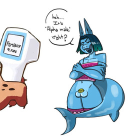 anthro balls bottomless bottomless_male chastity_cage chastity_device clothed clothing dialogue duo femboy flat_chastity_cage genitals gold_(metal) gold_chastity_cage gold_chastity_device male male/male speech_bubble tail text topwear tube_top unsupported_chastity_cage unknown_artist aquatic fish shark english_text hi_res russian_text