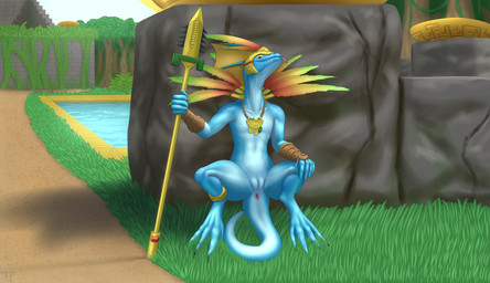 absurd_res against_wall anthro anus armor blep crouching female genitals hi_res holding_object holding_weapon jewelry lizardman_(warhammer_fantasy) melee_weapon necklace outside polearm pussy skink_(warhammer_fantasy) solo spear spread_legs spreading testowepiwko tongue tongue_out unconvincing_armor warhammer_fantasy weapon