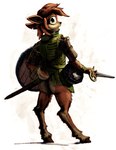 anthro armor bottomless butt clothed clothing female gambeson headgear helmet looking_at_viewer looking_back melee_weapon shield solo surprised_expression sword weapon lordgood activision spyro_reignited_trilogy spyro_the_dragon elora deer faun_(spyro) mammal hi_res