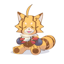 anthro container cup cybernetics eyes_closed female fur machine orange_body orange_fur sitting smile solo tea_cup notaventura bandai_namco digimon digimon_beatbreak cyborg digimon_(species) pristimon 1:1 hi_res
