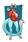 anthro antlers big_breasts blue_body blue_fur bottomless breasts clothed clothing eyewear fangs female fluffy fluffy_tail fur genitals gesture glasses hair hand_in_pocket hoodie hooves horn huge_breasts long_tail pockets ponytail pussy simple_background solo spots tail teeth thick_thighs topwear waving wide_hips freckles_(artist) rylie_(hypernovagm) deer domestic_cat felid feline felis hybrid mammal 2019 2:3 absurd_res hi_res signature