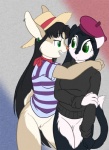 anthro black_body black_fur black_hair bottomless bottomless_anthro bottomless_female breasts casual_exposure clitoris clitoris_piercing clothed clothing duo ear_piercing female fur genital_piercing genitals green_eyes hair hat headgear headwear hug long_hair piercing pussy pussy_piercing tail brian_mcpherson blueberry_(brian_mcpherson) nova_(hijinxfantasy) domestic_cat felid feline felis lagomorph leporid mammal rabbit 2012