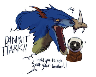 alternate_form alternate_species attempted_vore black_body black_ears black_eyes black_face black_fur black_nose blue_body blue_fur brown_body brown_fur caught_in_the_act caught_off_guard dialogue duo ear_tuft facial_horn fangs feral feralized fur horn inner_ear_fluff intervention jealous male multicolored_body multicolored_fur nose_horn offscreen_character open_mouth orange_eyes orange_inner_ear_fluff pointy_speech_bubble profanity question_mark red_inner_ear_fluff scolding sharp_teeth simple_background speech_bubble startled surprised teeth text tuft two_tone_body two_tone_fur vore white_background white_body white_fur white_nose_horn yelling yelling_at_another yelling_from_off_screen yellow_body yellow_eyes yellow_fur ranfordgallus kratts'_creatures pbs zoboomafoo ttark zoboomafoo_(character) coquerel's_sifaka dinosaur furred_dinosaur furred_scalie lemur mammal prehistoric_species primate reptile scalie sifaka strepsirrhine 2025 colored crossover digital_drawing_(artwork) digital_media_(artwork) english_text shaded brother_(lore) brothers_(lore) sibling_(lore)