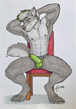 abs anthro armpit_hair body_hair bulge chair clothed clothing detailed_bulge front_view fur furniture genital_outline green_clothing green_eyes green_hair green_jockstrap green_underwear grey_body grey_fur grey_tail hair jockstrap looking_at_viewer male male_anthro mouth_closed multicolored_hair muscular muscular_anthro muscular_male narrowed_eyes navel nipples on_chair pecs penis_outline shadow simple_background sitting sitting_on_chair solo tail topless two_tone_hair underwear white_background white_body white_fur white_hair white_tail hufnaar canid canine canis mammal wolf 2026 dated hi_res