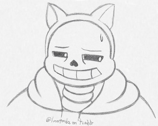 anterior_nasal_aperture bodily_fluids bone clothed clothing cosplay embarrassed fake_ears hoodie jacket male not_furry shirt simple_background skeleton slightly_chubby smile solo sweat sweatdrop topwear white_body white_eyes lunarpanda8686 undertale undertale_(series) sans_(undertale) animated_skeleton humanoid undead graphite_(artwork) headshot_portrait monochrome portrait sketch traditional_media_(artwork)