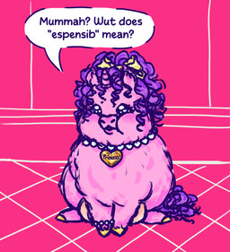 1_horn baby_talk blush crotch_breasts curly_hair dialogue eyelashes female female_feral feral front_view fur gem hair head_bow hooves horn jewelry monotone_body monotone_fur necklace offscreen_character overweight pearl_(gem) pearl_bracelet pearl_necklace pink_body pink_fur purple_hair purple_tail simple_background sitting solo spiral_horn tail text yellow_bow yellow_hooves young young_female young_feral an0n_g1rl fluffy_pony mythology equid equine fluffy_pony_(species) mammal mythological_creature mythological_equine unicorn 2026 character_name digital_media_(artwork) english_text hi_res shaded