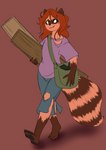 anthro barefoot black_nose bottomwear brown_body brown_fur clothing feet female fur holding_wood looking_up pants pawpads plantigrade shirt simple_background smile solo topwear walking halcy0n canid canine mammal procyonid raccoon 2021 hi_res