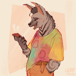 anthro bottomwear brown_body brown_fur cellphone clothed clothing ear_piercing electronics fangs female fur holding_cellphone holding_object holding_phone looking_at_cellphone looking_at_object looking_at_phone multicolored_body multicolored_clothing multicolored_fur multicolored_shirt multicolored_topwear orange_bottomwear orange_clothing orange_pants pants phone piercing shirt smartphone solo teeth topwear two_tone_body two_tone_fur leaf_doodles goat_(movie) sony_corporation sony_pictures hannah_(goat) aardwolf hyena mammal 1:1 2026 digital_media_(artwork) hi_res