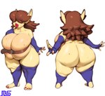 big_breasts big_butt breasts brown_hair butt clothed clothing female hair huge_breasts huge_butt lips not_furry rear_view short_stack simple_background skimpy solo thick_lips thick_thighs namespace goblin humanoid 2023 absurd_res hi_res