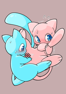 3_fingers ambiguous_gender blue_body blue_pupils blush blush_lines bodily_fluids censor_bar censored_genitalia censored_vulva duo embarrassed female female/ambiguous feral fingers genitals holding_tail ineffective_censorship kemono looking_at_genitalia looking_at_vulva motion_lines narrowed_eyes pawpads paws pink_body pupils simple_background spread_legs spread_vulva spreading sweat sweatdrop tail tan_background vulva leapappa nintendo pokemon generation_1_pokemon legendary_pokemon mew_(pokemon) pokemon_(species) shiny_pokemon 2026 censored digital_media_(artwork) hi_res shaded simple_shading male_(lore)