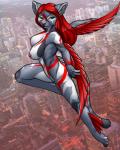 anthro breasts city cityscape detailed_background ear_piercing feathered_wings feathers female flying green_eyes hair looking_at_viewer markings navel nipples nude outdoor_nudity outside piercing red_hair solo tail wings furball scarlett_(furball) domestic_cat felid feline felis mammal 2016