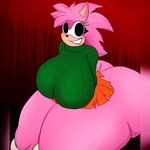 anthro big_breasts big_butt black_eyes bottomless bottomwear breasts butt clothed clothing crazy_eyes creepy_smile curvy_anthro curvy_female curvy_figure evil_face evil_grin evil_look female fur glistening glistening_body hair huge_breasts huge_butt hyper hyper_butt insane insane_eyes looking_at_viewer pink_body pink_fur pink_hair sitting skirt smile smiling_at_viewer solo sweater thick_thighs tight_clothing topwear torn_clothing wide_hips m4n eulipotyphlan hedgehog mammal 1:1 2024 absurd_res hi_res