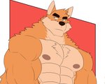 abs anthro biceps blue_eyes clothed clothing deltoids eye_roll eyebrows forearm_muscles fur male muscular muscular_anthro muscular_male nipples obliques orange_body orange_fur pecs red_background simple_background solo thick_eyebrows topless triceps black-kun otake canid canine canis domestic_dog mammal 2023