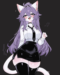 absolute_territory anthro big_breasts black_bottomwear black_clothing black_eyes black_legwear black_skirt black_thigh_highs blush bottomwear breasts choker clothed clothing fangs female hair inner_ear_fluff jewelry legwear long_hair necklace simple_background skirt smile solo stockings tail teeth thick_thighs thigh_highs topwear tuft white_body pu_ri domestic_cat felid feline felis mammal hi_res