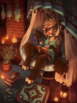4_toes 5_fingers anthro arm_tuft armband barefoot biped book brown_body brown_fur brown_tail candle carpet chair cheek_tuft claws clothed clothes_pin clothing countershading detailed_background ear_piercing elbow_tuft eyebrows eyelashes facial_tuft fastener feet female fingerless_(marking) fingers fireplace fully_clothed fur furniture grey_body grey_fur hair herbs highlights_(coloring) inner_ear_fluff inside jewelry lamp lantern long_hair looking_down multicolored_body multicolored_fur multicolored_hair necklace piercing pillow pin_(fastener) pink_nose plant plant_pot potted_plant reading red_eyes red_highlights shirt short sitting smile smirk solo tail tank_top toeless_(marking) toes topwear tuft two_tone_hair white_body white_fur white_hair flemaly cianiati_(character) canid canine mammal 2016 absurd_res hi_res signature