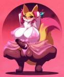 2018 anthro anthrofied areola balls big_breasts big_penis black_body black_fur blush braixen breasts canid canine clothing crouching dipstick_tail fan_character fur generation_6_pokemon genitals gynomorph hi_res huge_breasts inner_ear_fluff intersex lingerie looking_at_viewer mammal markings multicolored_tail nintendo nipples penis pokemon pokemon_(species) pokemorph red_body red_eyes red_fur ribbons riendonut seraphine_(roflfox) simple_background solo stick tail tail_markings thick_thighs translucent translucent_clothing tuft vein veiny_penis white_body white_fur yellow_body yellow_fur