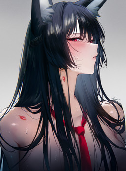 accessory black_hair blush blush_lines bodily_fluids bruised excessive_sweat female gradient gradient_background grey_background hair hickey inner_ear_fluff kiss_mark long_hair looking_at_viewer necktie nude nude_female nude_humanoid red_eyes red_necktie simple_background solo sweat sweaty_body sweaty_skin tuft qiandaiyiyu mihoyo zenless_zone_zero hoshimi_miyabi animal_humanoid canid canid_humanoid canine canine_humanoid fox_humanoid humanoid mammal mammal_humanoid thiren absurd_res bust_portrait digital_drawing_(artwork) digital_media_(artwork) hi_res portrait watermark