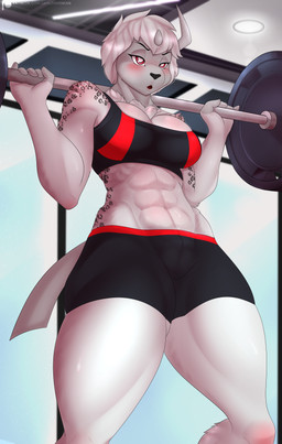 abs anthro anthrofied athletic breasts curvy_figure exercise female muscular muscular_anthro muscular_female pokemorph red_eyes solo voluptuous weightlifting workout skylosminkan nintendo pokemon absol generation_3_pokemon pokemon_(species) absurd_res digital_media_(artwork) hi_res shaded