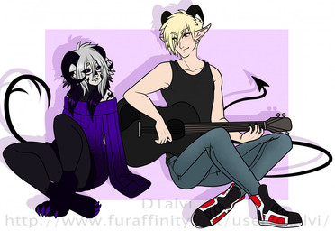 acoustic_guitar alternative_fashion clothed clothing duo femboy guitar hair horn male musical_instrument playing_guitar playing_music plucked_string_instrument sitting smile string_instrument dtalvi demon humanoid