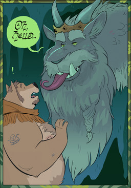anthro arm_tattoo beard body_hair braided_beard chest_hair crown duo facial_hair fantasy forked_tongue headgear imminent_vore male male/male mustache obese obese_anthro obese_male overweight overweight_anthro overweight_male scales shoulder_tattoo sideburns size_difference tattoo tongue dramamine mythology bear canid canine canis dragon hybrid mammal mythological_creature mythological_scalie scalie wolf hi_res