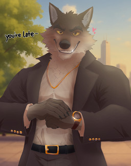 anthro belt clock clothed clothing eyebrows fur looking_at_viewer male outside smile solo suit_jacket talking_to_viewer watch wristwatch yellow_sclera saronarts dreamworks the_bad_guys mr._wolf_(the_bad_guys) canid canine canis mammal wolf absurd_res hi_res