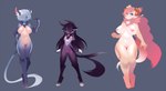 2_tails 4_toes 5_fingers anthro big_breasts blue_eyes breasts brown_horn digitigrade feet female fingers fur genitals group hair heart_symbol horn inner_ear_fluff larger_female long_hair multi_tail navel neck_tuft nipples nude pink_hair pink_nipples purple_body purple_fur purple_hair purple_horn pussy red_eyes short_hair simple_background size_difference smaller_female standing tail thick_thighs toes tuft white_hair kanel apocanymphs_(species) canid felid hybrid mammal digital_media_(artwork) full-length_portrait portrait