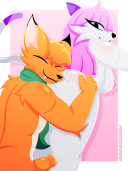 big_breasts big_butt breasts butt hair hug hugging_another hugging_butt looking_back pink_hair massepppp canid canine domestic_cat felid feline felis mammal 3:4 hi_res