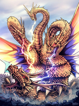 breath_powers claws duo electricity electricity_breathing electricity_manipulation elemental_manipulation feral fin glowing glowing_eyes gold_scales head_crest head_fin horn male membrane_(anatomy) membranous_wings multi_head multi_limb multicolored_body multicolored_scales outside rainbow_body rainbow_scales red_eyes scales sharp_teeth spikes spikes_(anatomy) stomping teeth tongue video_at_source wings thomdotartz godzilla_(series) mythology toho grand_king_ghidorah king_ghidorah dragon kaiju monster mythological_creature mythological_scalie scalie hi_res signature