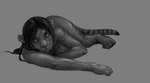 anthro bakabakeneko black_hair breasts claws felid female fur greyscale hair inner_ear_fluff long_hair looking_at_viewer mammal monochrome nude pantherine paws solo species_transformation striped_body striped_fur stripes tiger transformation tuft whiskers