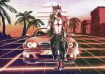 1980s_theme anthro bmw_330ci car clothed clothing gloves grid handwear kerchief looking_at_viewer male outside palm_tree partially_clothed plant retro scar solo standing synthwave topless tree vehicle lupinemoonfeather bmw red_baron_(lupinemoonfeather) canid canine canis mammal wolf 2018 chromatic_aberration red_theme warm_colors