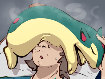 ambiguous_gender bodily_fluids brown_hair clothed clothing duo eyes_closed facial_hair feral fingers fur green_body green_fur grey_background hair hand_on_head lying male on_front on_top open_mouth pillow quadruped simple_background size_difference sweat sweatdrop yellow_body yellow_fur fizzpop nintendo pokemon generation_2_pokemon human mammal pokemon_(species) quilava 2025 signature