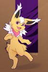 3_fingers 3_toes anthro biped black_body black_fur black_nose fangs feet female fingers fur looking_at_viewer open_mouth purple_eyes scarf simple_background solo teeth toes tongue white_body white_fur yellow_body yellow_fur raokurai nintendo pokemon sylvia_(jolteon) eeveelution generation_1_pokemon jolteon pokemon_(species) 2019 hi_res