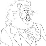 anthro clothing eyewear gloves handwear male monocle mouth_shot necktie open_mouth snow solo suit amesawapane lifewonders tokyo_afterschool_summoners snow_(tas) felid lion mammal pantherine line_art monochrome