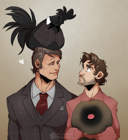 ambiguous_gender avian_caruncle beak black_body black_eyes black_feathers blep brown_body brown_fur clothed clothed_feral clothing comb_(anatomy) domestic_pet feathers feral fluffy fur group head_crest male simple_background smile suit tongue tongue_out zillabean hannibal_(series) hannibal_lecter will_graham avian ayam_cemani bird canid canine canis chicken domestic_dog galliform human mammal pekingese phasianid toy_dog digital_media_(artwork)