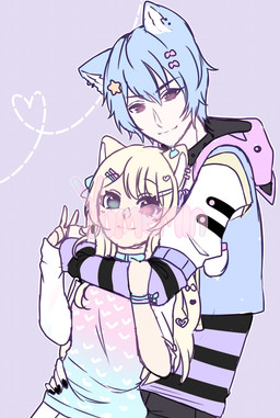 arm_around_neck clothing colored_nails duo female gesture hair hand_gesture hoodie inner_ear_fluff looking_at_viewer male nails smile topwear tuft v_sign yumemin animal_humanoid humanoid hi_res