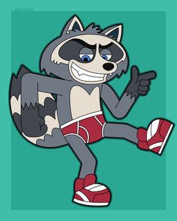 anthro blue_eyes briefs clothing cocky countershading facial_markings finger_gun footwear fur gesture gloves_(marking) grey_body grey_fur grin hand_gesture head_markings male markings mask_(marking) red_briefs red_clothing red_footwear red_shoes red_underwear ring_(marking) ringed_tail shoes simple_background smile solo striped_markings striped_tail stripes tail tail_markings teal_background text underwear kevyntherhino mating_season_(series) ray_(mating_season) mammal procyonid raccoon 2026 4:5 artist_name colored dated digital_drawing_(artwork) digital_media_(artwork) hi_res