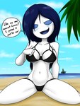 beach bedroom_eyes bikini blue_eyes blue_hair blue_tongue blush breasts cleavage clothed clothing cloud female fingers hair half-closed_eyes kneeling narrowed_eyes navel navel_piercing no_sclera noseless not_furry oil_rig open_mouth palm_tree piercing plant sand sea seaside seductive sky slim smile smirk solo spread_legs spreading swimwear text tongue tree two-piece_swimsuit water white_body white_skin sandwich-anomaly lily_(godofgames2468) alien alien_humanoid humanoid 2021 english_text