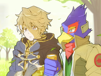 5_fingers anthro biped blue_body blue_eyes clothing duo fingers green_eyes jacket male outside plant smile standing topwear tree wind superstaryoshi6 nintendo star_fox super_smash_bros. falco_lombardi robin_(fire_emblem) avian bird human mammal 2025 4:3 cel_shading digital_drawing_(artwork) digital_media_(artwork) hi_res procreate_(artwork) shaded