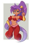 5_fingers bandeau blue_eyes breasts brown_body brown_skin clothing crown ear_piercing ear_ring female fingers hair headgear humanoid_pointy_ears long_hair not_furry piercing pointy_ears ponytail purple_hair ring_piercing simple_background smile solo tiara topwear wata-ridley shantae_(series) wayforward shantae genie humanoid 2021 hi_res