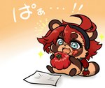 alternate_species blush chibi eating female feral food fruit furrification grey_eyes hair happy long_hair paper plant red_hair simple_background solo text tomato yanagi gundam mobile_suit_gundam_the_witch_from_mercury suletta_mercury canid canine mammal raccoon_dog tanuki japanese_text translation_request