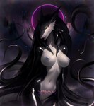 anthro areola back_tentacles breasts curvy_figure detailed_background female genitals glistening glistening_body goo_transformation hourglass_figure latex looking_at_viewer nipples nude pussy slime small_waist solo tentacles transformation x-rom goo_creature sergal tentacle_creature hi_res