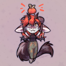 anthro big_ears chibi dragon_wings fangs fluffy fluffy_tail food fruit horn plant smile tail tangerine_(fruit) teeth wings lonerdemiurge art_fight mythology dragon mythological_creature mythological_scalie scalie 1:1 hi_res