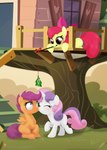 cutie_mark_crusaders'_club_house eyebrows eyelashes eyes_closed female group hair horn kiss_on_lips kissing mistletoe mistletoe_abuse multicolored_hair orange_body pink_tail plant purple_hair purple_tail red_hair surprise_kiss tail text trio two_tone_hair two_tone_tail white_body wings yellow_body young miniferu friendship_is_magic hasbro my_little_pony mythology apple_bloom_(mlp) cutie_mark_crusaders_(mlp) scootaloo_(mlp) sweetie_belle_(mlp) earth_pony equid equine horse mammal mythological_creature mythological_equine pegasus pony unicorn 2023 digital_media_(artwork) hi_res url