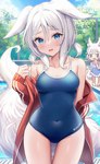 blue_eyes blush breasts chibi clothing ears_down female grey_hair hair jacket navel_outline one-piece_swimsuit outside pivoted_ears plant sky solo_focus swimming_pool swimwear topwear tree sakura_ani animal_humanoid canid canid_humanoid canine canine_humanoid fox_humanoid humanoid mammal mammal_humanoid 2024 hi_res