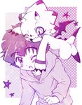 anthro blush clothed clothing duo hoodie horn male one_eye_closed smile topwear wings wink asaridaton bandai_namco digimon digimon_ghost_game gammamon_(ghost_game) hiro_amanokawa digimon_(species) gammamon human mammal