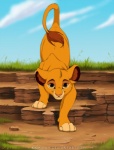 brown_eyes cloud day detailed_background feet feral front_view fur grass looking_at_viewer male nude orange_body orange_fur outside plant raised_tail sky smile solo tail tail_tuft toeless_(marking) tuft young young_feral kamirah disney the_lion_king simba_(the_lion_king) felid lion mammal pantherine